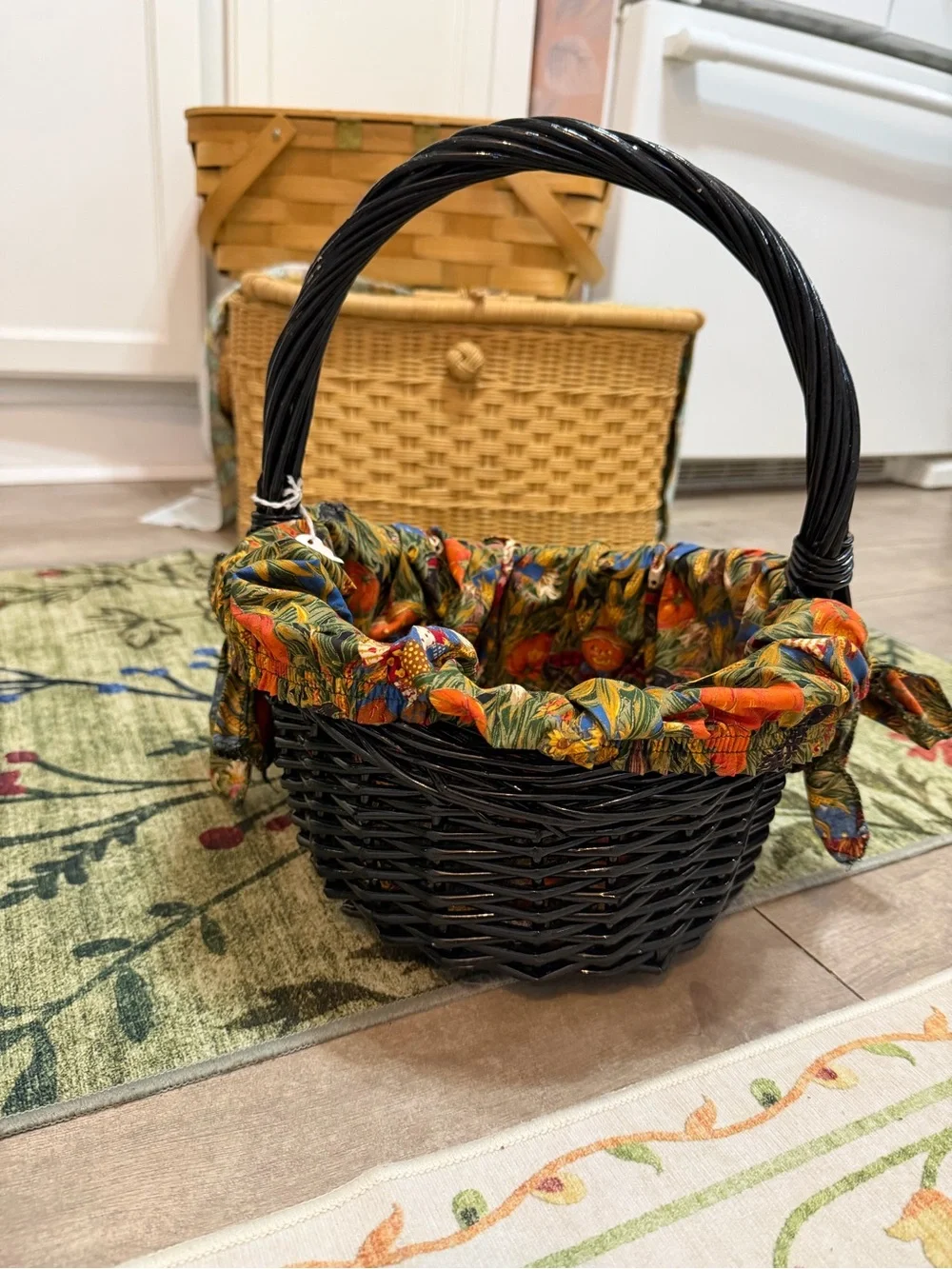 Vintage Autumn Fabric Lined Black Wicker Basket Colorful Autumn Primitives